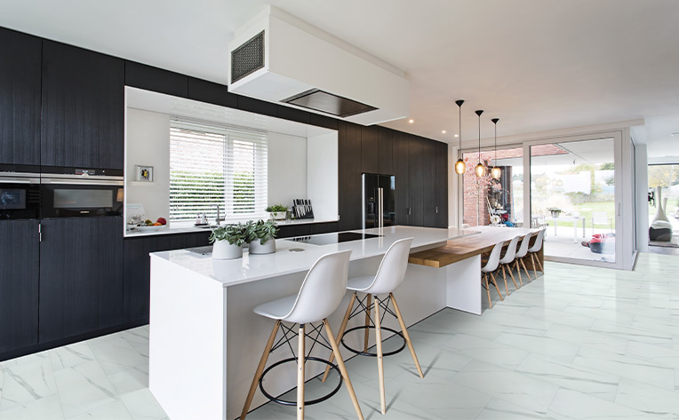 luxury vinyl tile in kitchen with white chairs