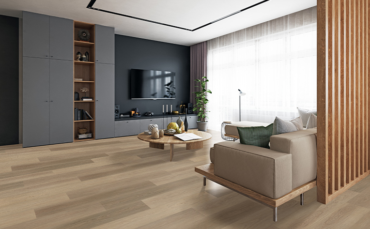 flooring canada living room with couch and large window
